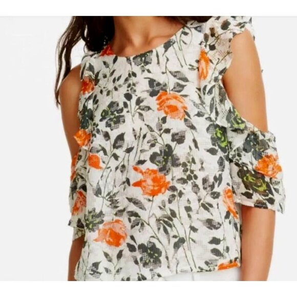 Club Monaco Womens Floral Ruffle Blouse XS Lightweight Textured Fabric - Picture 1 of 8